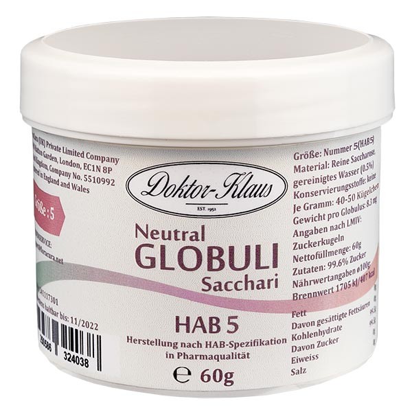 Glóbulos neutrales, 60 g, HAB5, 100 % sacarosa pura