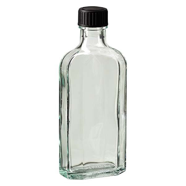 Botella meplat blanca de 125 ml con boca DIN 22, con tapón de rosca DIN 22 negro de PEE (