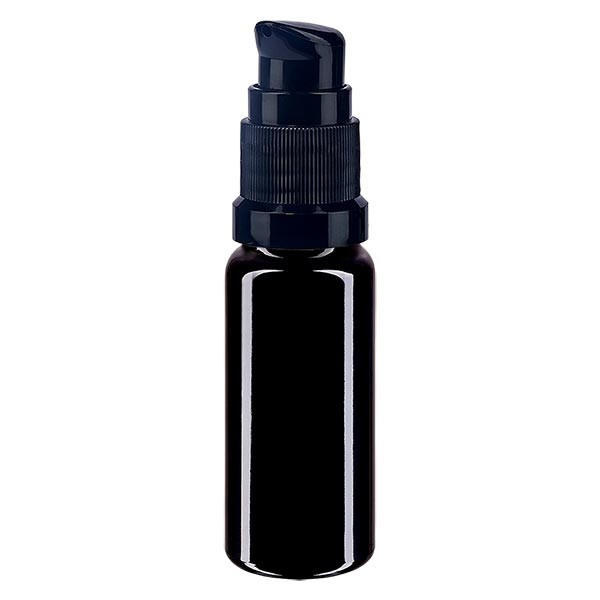 Frasco de vidrio violeta de 10 ml con tapón con dosificador negro