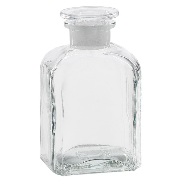 Frasco de farmacia cuadrado de 500 ml, cuello ancho, vidrio transparente, con tapón de vidrio