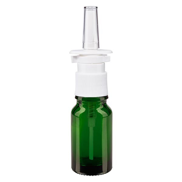 Frasco de vidrio verde de 10 ml con espray nasal blanco