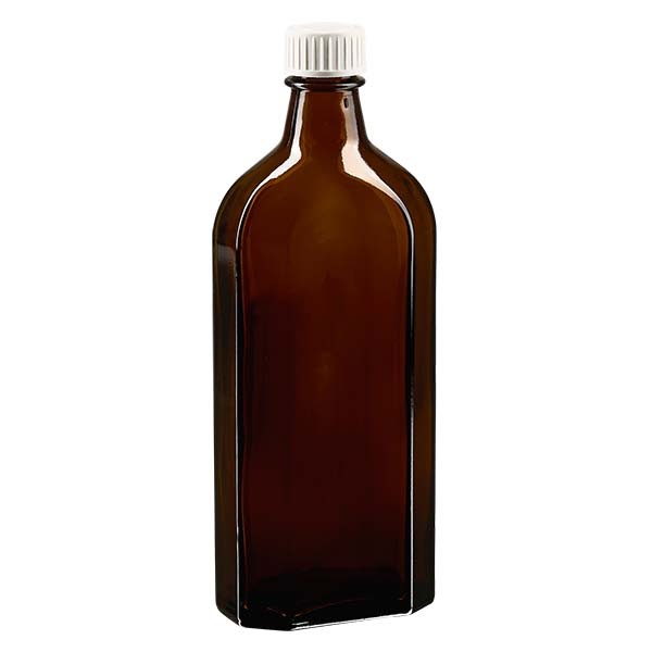 Botella meplat ámbar de 250 ml con boca DIN 22, con tapón de rosca DIN 22 blanco de PP con
