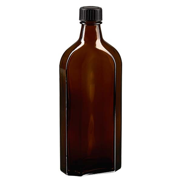 Botella meplat ámbar de 250 ml con boca DIN 22, con tapón de rosca DIN 22 negro de LKD