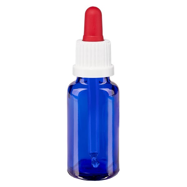 Frasco con pipeta cuentagotas azul, 20 ml, pipeta blanca/roja, precinto de originalidad