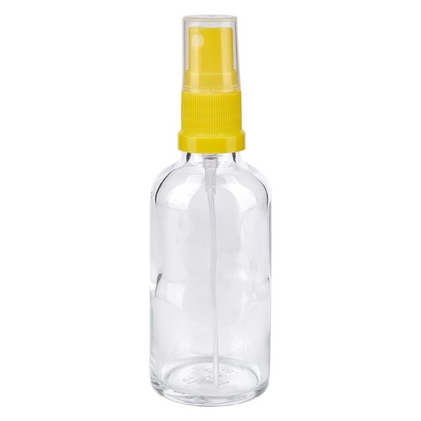 Frasco de vidrio transparente de 50 ml con atomizador amarillo
