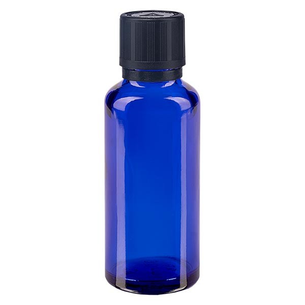 Frasco de farmacia azul, 30 ml, tapón cuentagotas premium negro, 1 mm, con seguro para niños, señalización táctil para ciegos y precinto de originalidad