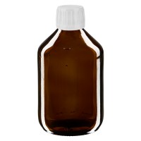 Frasco de medicina según norma europea de 300 ml, ámbar, con tapón blanco Frasco de medicina según norma europea de 300 ml, ámbar, con tapón blanco