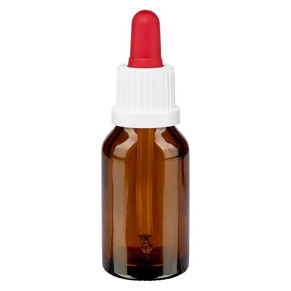 Frasco con pipeta cuentagotas ámbar, 30 ml, pipeta blanca/roja, precinto de originalidad