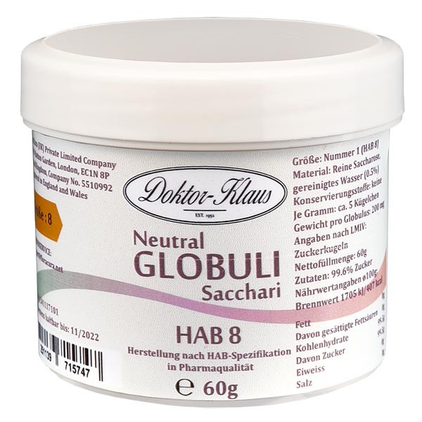 Glóbulos neutrales, 60 g, HAB8, 100 % sacarosa pura