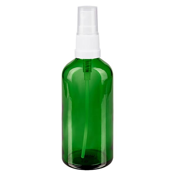 Frasco de vidrio verde de 100 ml con atomizador blanco