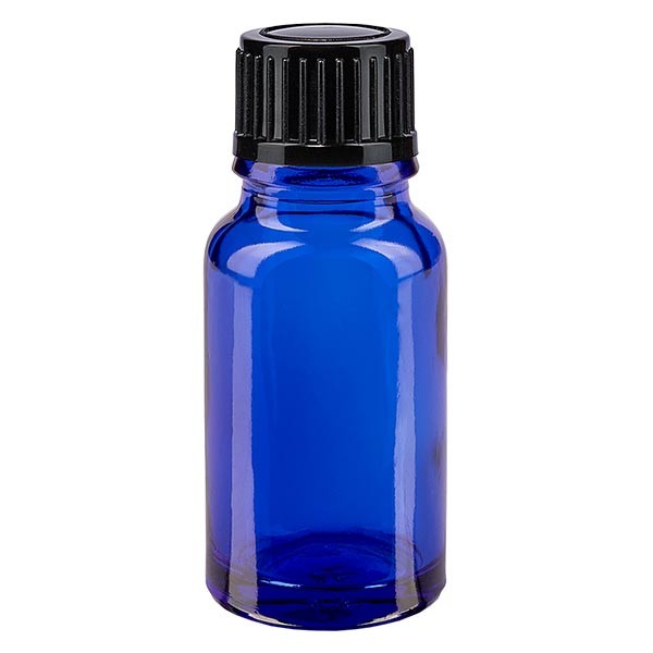 Frasco de farmacia azul, 10 ml, tapón cuentagotas negro, 1 mm, estándar