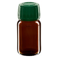 Frasco de medicina según norma europea de 30 ml, ámbar, con tapón verde y precinto de originalidad Frasco de medicina según norma europea de 30 ml, ámbar, con tapón verde y precinto de originalidad