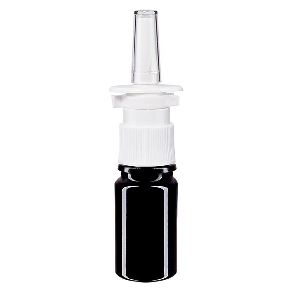 Frasco de vidrio violeta de 5 ml con espray nasal blanco