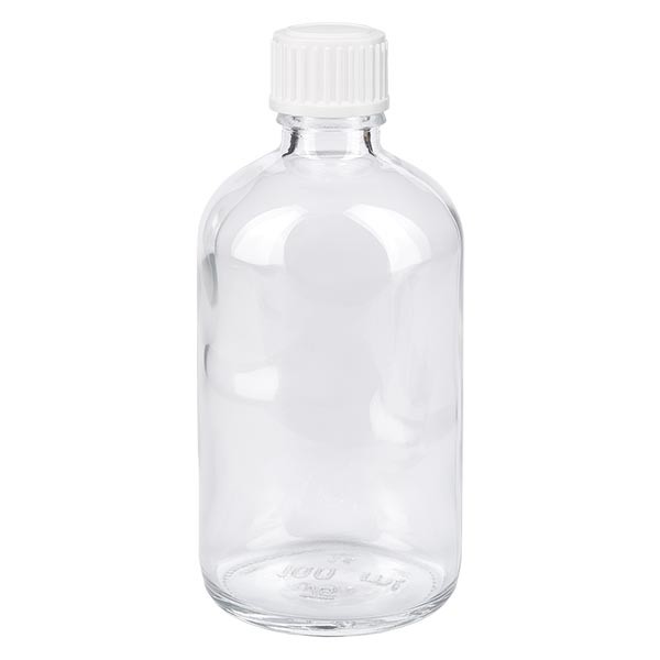 Frasco de farmacia transparente, 100 ml, tapón cuentagotas blanco, 0,8 mm, estándar