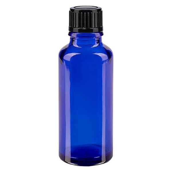 Frasco de farmacia azul, 30 ml, tapón cuentagotas negro, 1 mm, estándar