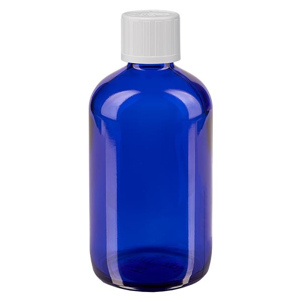 Frasco de farmacia azul, 100 ml, tapón de rosca blanco, con seguro para niños, estándar