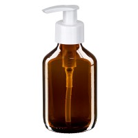 Frasco de medicina según norma europea de 150 ml, ámbar, con dispensador blanco Frasco de medicina según norma europea de 150 ml, ámbar, con dispensador blanco