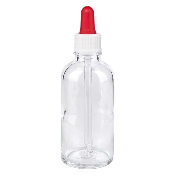 Frasco con pipeta cuentagotas transparente, 50 ml, pipeta blanca/roja, estándar