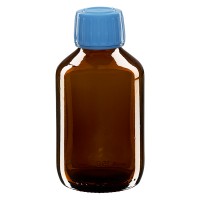 Frasco de medicina según norma europea de 150 ml ámbar con tapón de rosca azul con precinto de originalidad Frasco de medicina según norma europea de 150 ml ámbar con tapón de rosca azul con precinto de originalidad