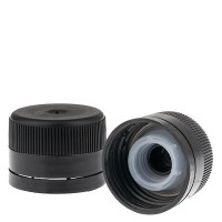 Tapón de rosca, 31,5 mm, negro, estriado, con anillo de vertido y precinto de originalidad Tapón de rosca, 31,5 mm, negro, estriado, con anillo de vertido y precinto de originalidad