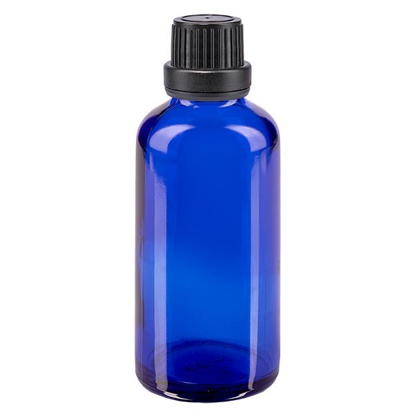 Frasco de farmacia azul, 50 ml, tapón de rosca negro, junta de estanqueidad, con precinto de originalidad