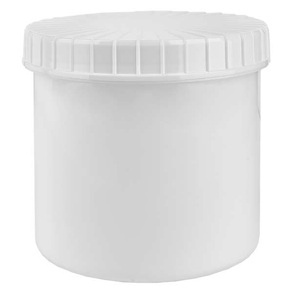 Bote de plástico, 375 ml, blanco, con tapa de rosca blanca estriada de PE, tipo de cierre estándar