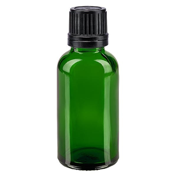Frasco de farmacia verde, 30 ml, tapón cuentagotas premium negro, 1 mm, con precinto de originalidad