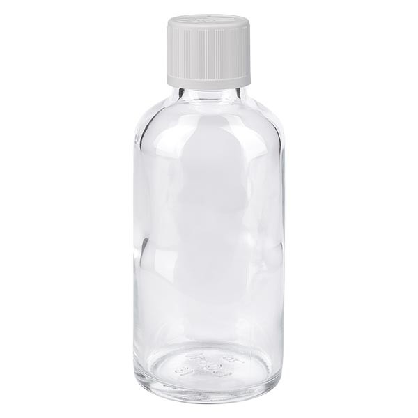 Frasco de farmacia transparente, 50 ml, tapón de rosca blanco, con seguro para niños, estándar