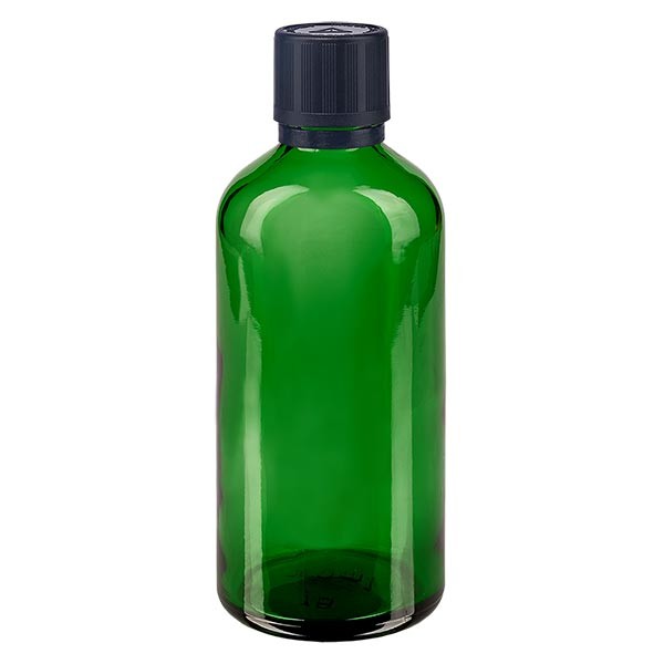 Frasco de farmacia verde, 100 ml, tapón cuentagotas negro premium, 1 mm, con seguro para niños, señalización táctil para ciegos y precinto de originalidad