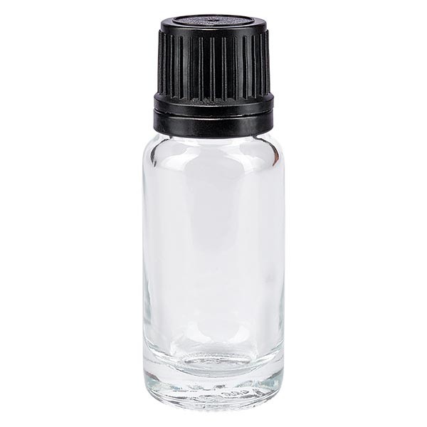 Frasco de farmacia transparente, 10 ml, tapón cuentagotas premium negro, 1 mm, con precinto de originalidad