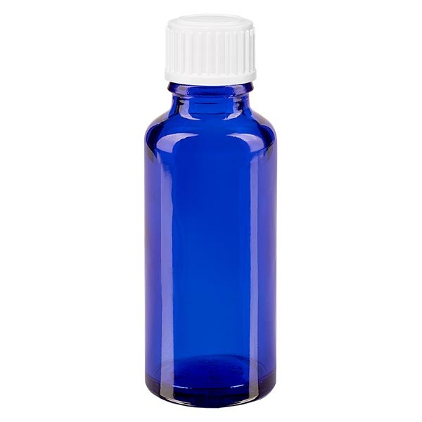 Frasco de farmacia azul, 30 ml, tapón de rosca blanco, glóbulos, estándar