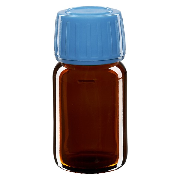 Frasco de medicina según norma europea de 30 ml, ámbar, con tapón azul y precinto de originalidad