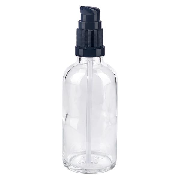 Frasco de vidrio transparente de 50 ml con tapón con dosificador negro