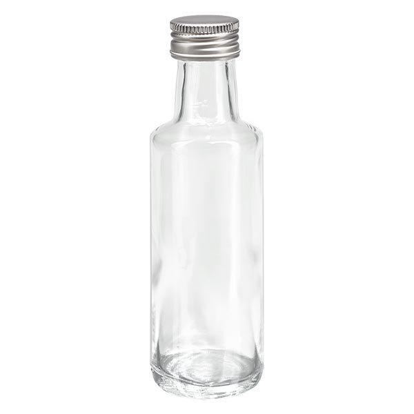 Botella de licor, 100 ml, redonda, vidrio transparente, incluye tapón de rosca plateado de aluminio (PP, 24 mm)