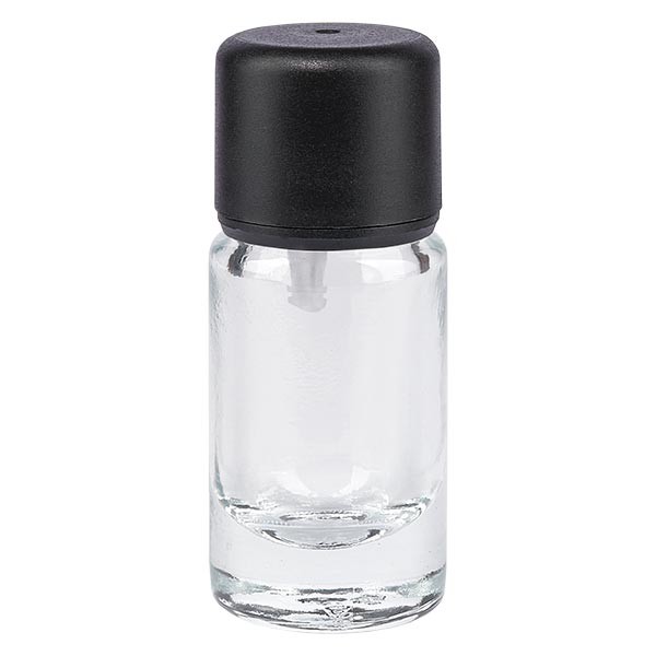 Frasco de farmacia transparente, 5 ml, tapón cuentagotas negro, 0,7 mm, con precinto de originalidad