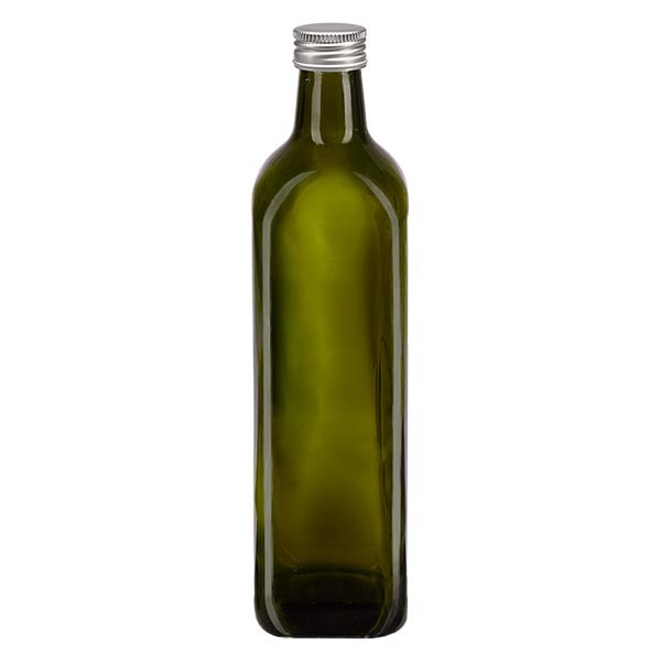 Botella de aceite, 750 ml, cuadrada, verde, incluye tapón de rosca plateado de aluminio (PP, 31.5 mm)