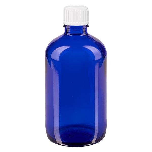 Frasco de farmacia azul, 100 ml, tapón cuentagotas blanco, 0,8 mm, estándar