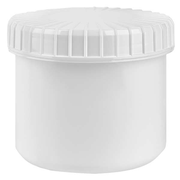 Bote de plástico, 135 ml, blanco, con tapa de rosca blanca estriada de PE, tipo de cierre estándar