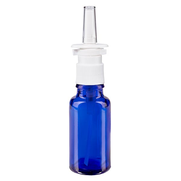 Frasco de vidrio azul de 20 ml con espray nasal blanco