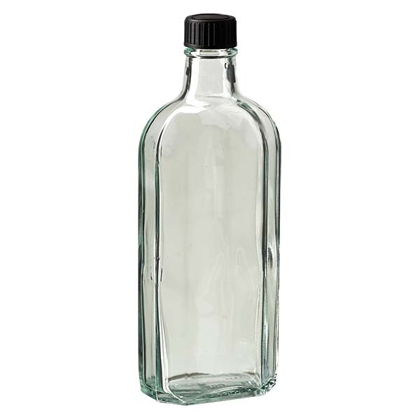 Botella meplat blanca de 250 ml con boca DIN 22, con tapón de rosca DIN 22 negro de LKD