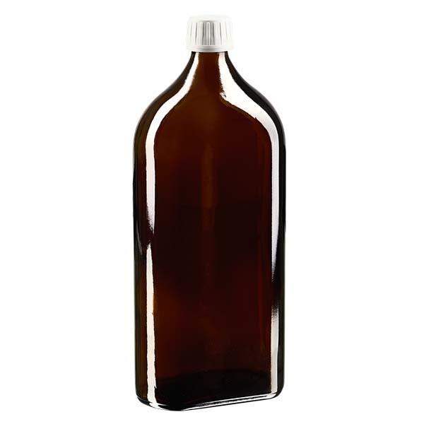 Botella meplat ámbar de 1000 ml con boca DIN 28, con tapón de rosca con precinto de originalidad DIN 28 blanco de P