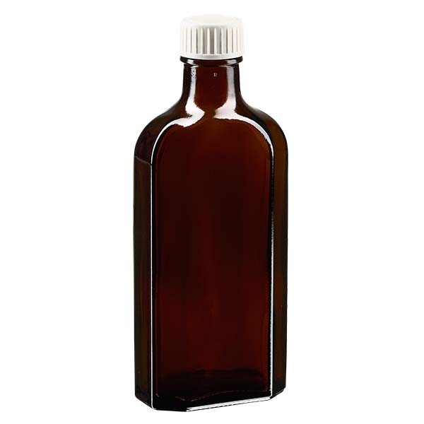 Botella meplat ámbar de 150 ml con boca DIN 22, con tapón de rosca DIN 22 blanco de PP con