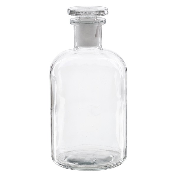 Frasco de farmacia de 500 ml, cuello estrecho, vidrio transparente, con tapón de vidrio