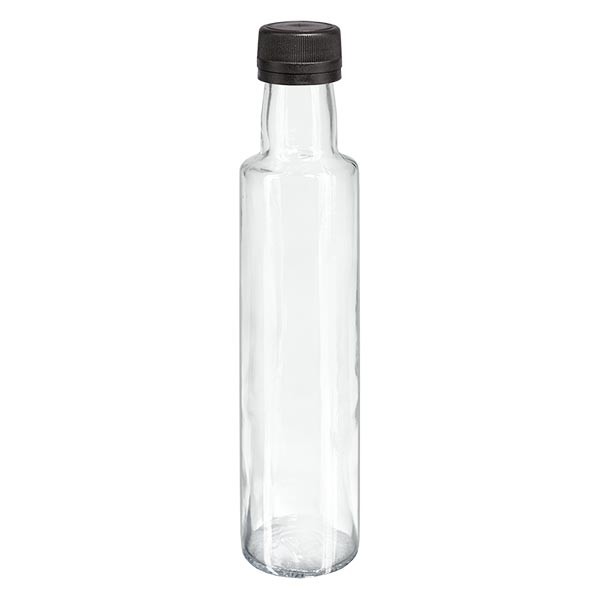 Botella de licor, 250 ml, redonda, vidrio transparente, incluye tapón de rosca negro (PP, 31,5 mm) con anillo de vertido con precinto de originalidad