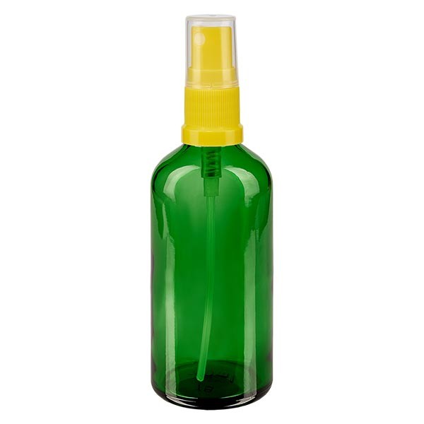 Frasco de vidrio verde de 100 ml con atomizador amarillo