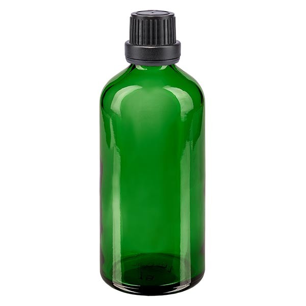 Frasco de farmacia verde, 100 ml, tapón cuentagotas premium negro, 2 mm, con precinto de originalidad