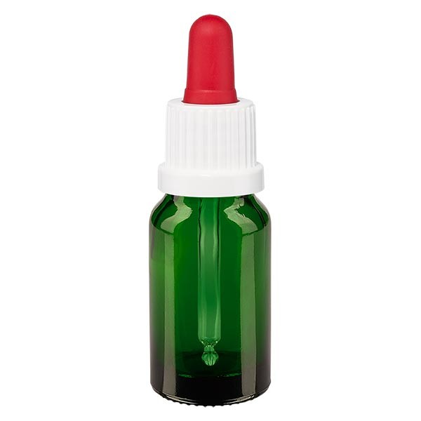 Frasco con pipeta cuentagotas verde, 10 ml, pipeta blanca/roja, precinto de originalidad