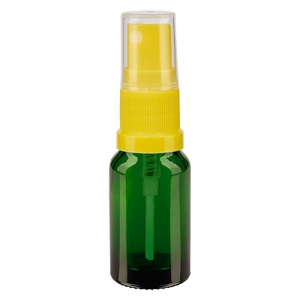 Frasco de vidrio verde de 10 ml con atomizador amarillo