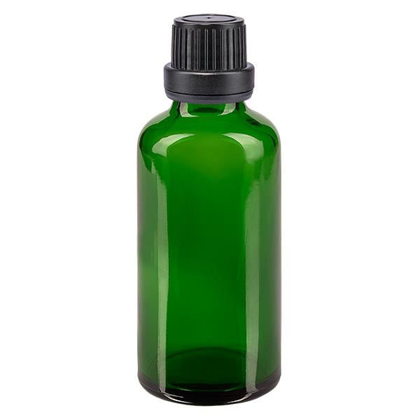 Frasco de farmacia verde, 50 ml, tapón cuentagotas premium negro, 2 mm, con precinto de originalidad