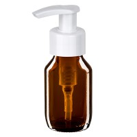 Frasco de medicina según norma europea de 50 ml, ámbar, con dispensador blanco Frasco de medicina según norma europea de 50 ml, ámbar, con dispensador blanco